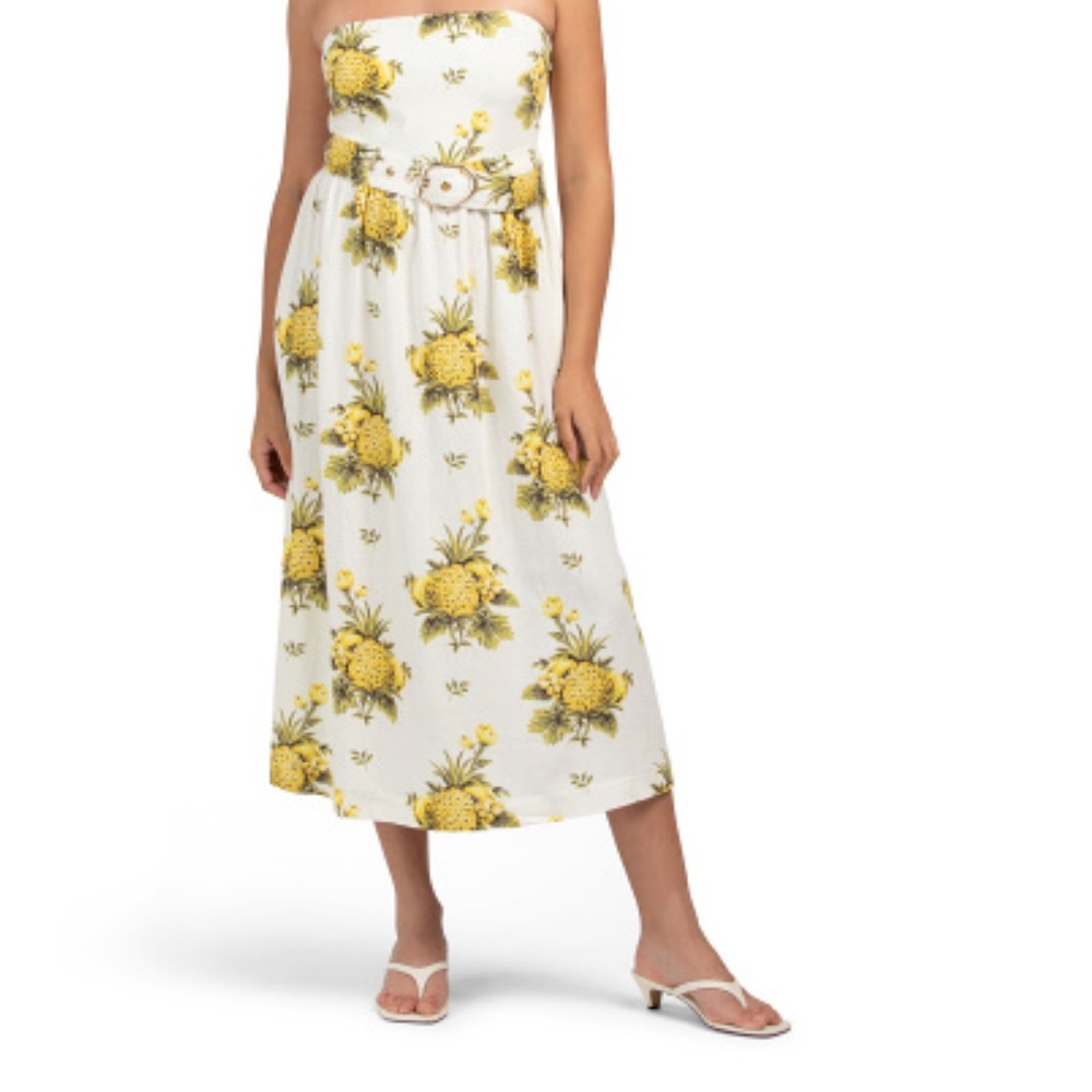 Tahari Summer Floral Yellow & White Women's Strapless Midi Dress w/ Belt